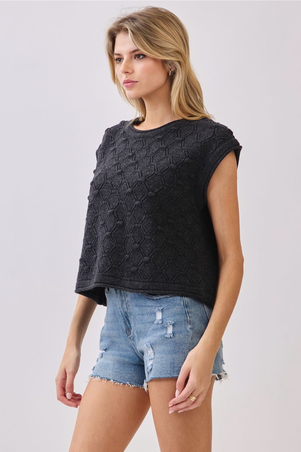 Rolled Hem Short Sleeve Sweater Top