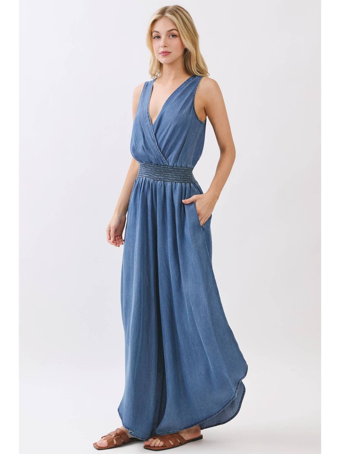 Washed Tencel Surplice Sleeveless Jumpsuit