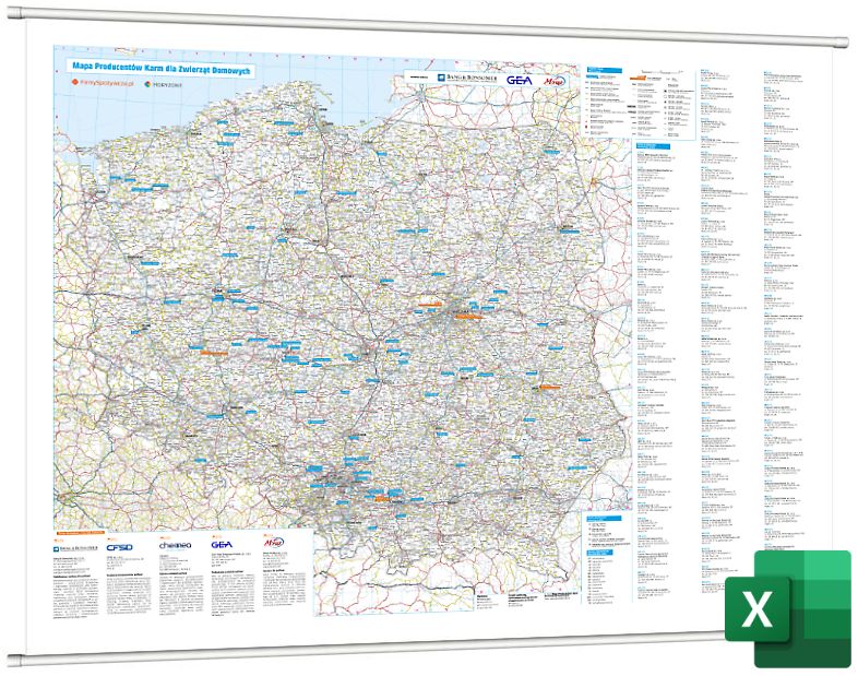 Mapa Producentów Karm dla Zwierząt Domowych [Mapa ścienna + Baza w Excel]