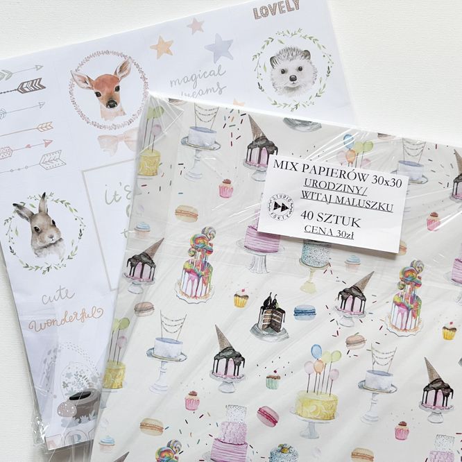 MIX PAPIERÓW 30x30 - ZESTAW TEMATYCZNY URODZINY/ WITAJ MALUSZKU
