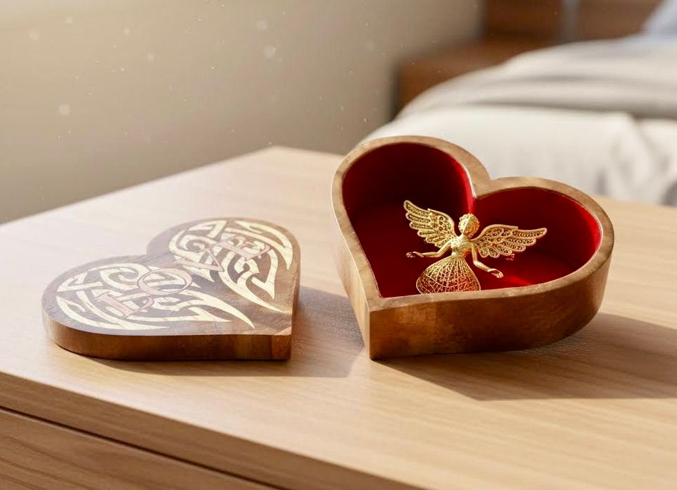 Boîtes à bijoux - Cœur Boîte à bijoux en noyer avec un ange en or à l'intérieur