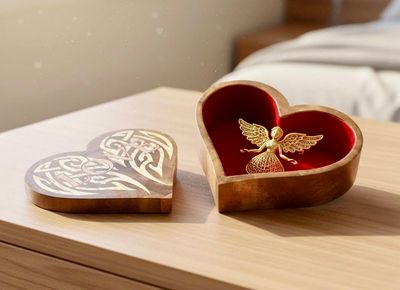Boîte à bijoux en noyer avec un ange en or à l'intérieur