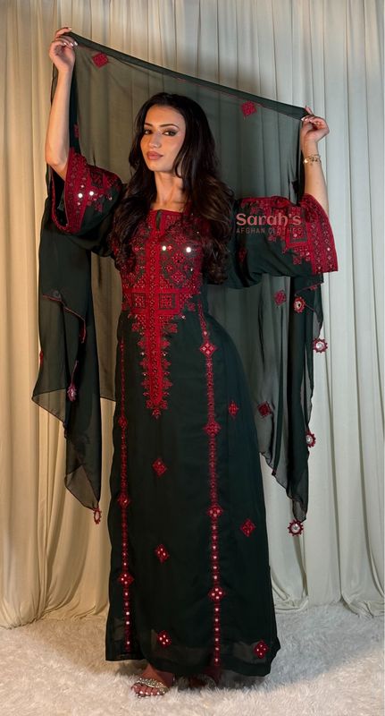 afghan dress black Title: Black Afghan Dress with Yellow Embroidery & Pants – Sadat Boutique main image 1