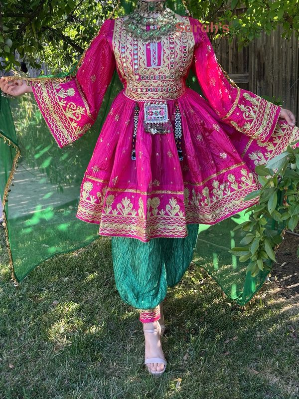 pink afghan dress Handmade Pink Afghan Dress: Silver Embroidery, Traditional Kuchi Style