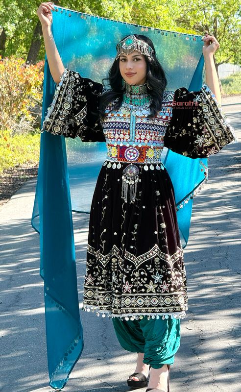 blue dress for baby girl Title: Black Afghan Dress with Yellow Embroidery & Pants main image 0