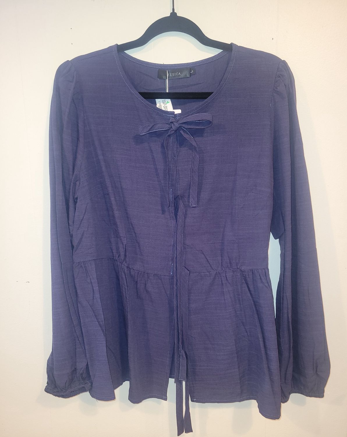 Zesica Long Sleeve Tapered Blouse with snap and tie closure,  blue,  Large, Size: Large