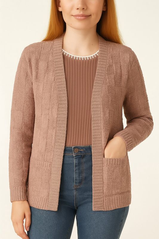 Pretty Beige Cardigan with Checkered Weave