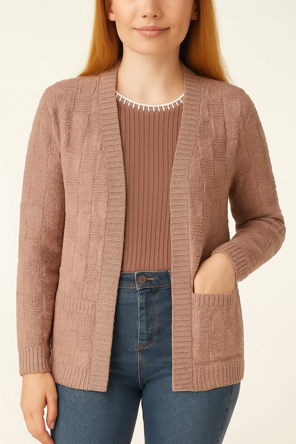 Pretty Beige Cardigan with Checkered Weave, Size: Large