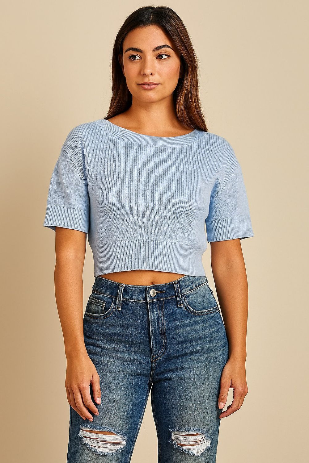 Light blue Zesica Cropped Pullover Sweater, Size: Medium