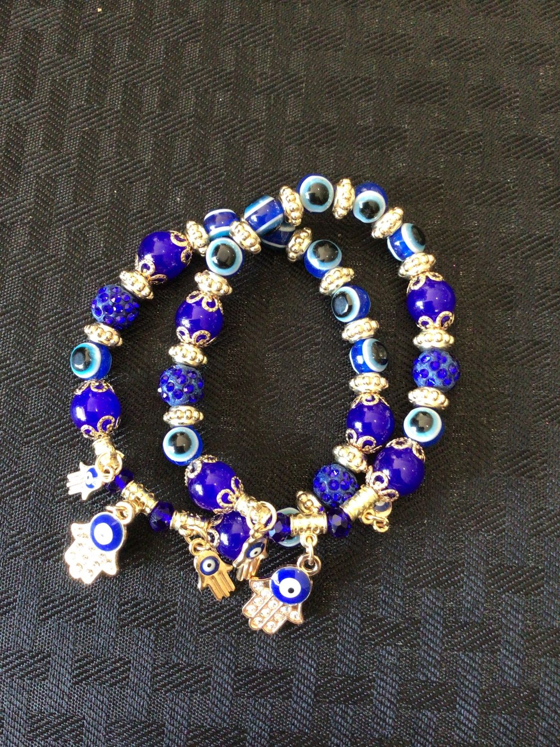 Evil Eye Bracelet - Blue &amp; Gold w/Hand Charm