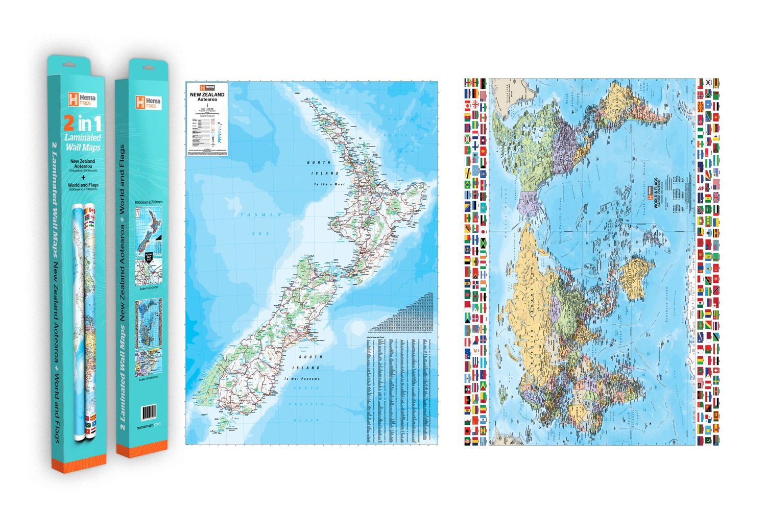 Twin Pack NZ 2 in 1 World &amp; Flags Map New Edition