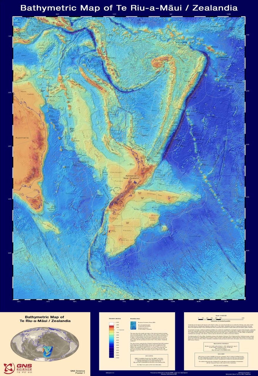 Bathymetric map of Te Riu-a-Māui / Zealandia. Scale 1:8 500 000 (folded map)