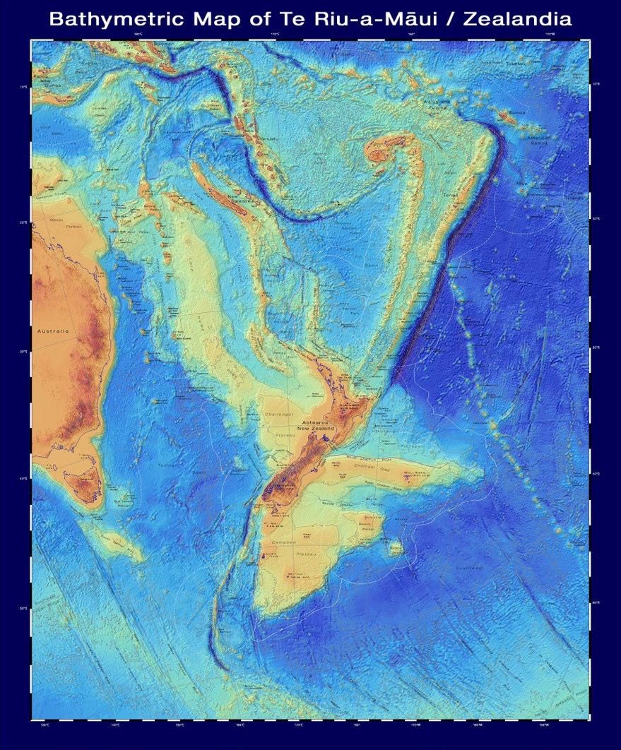 Bathymetric map of Te Riu-a-Māui / Zealandia.