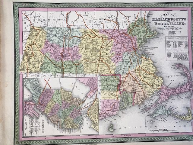 Original 1854 Mitchell Map of Massachusetts and Rhode Island
