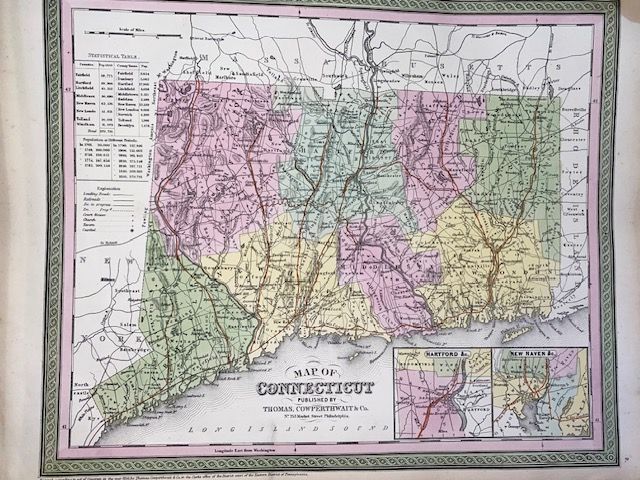 Rare Original 1854 Mitchell Map of Connecticut