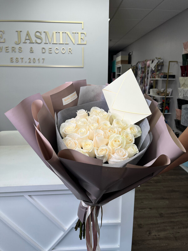European Wrapping Bouquet And 2 Dozen White Long Stem Roses