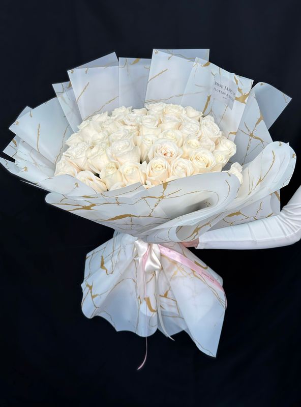 European Wrapped *White* Rose Bouquet (4-Dozen, Long-Stem)