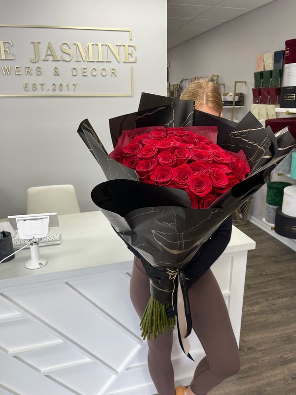 European Wrapped *Red* Rose Bouquet (46, Extra Long-Stems)
