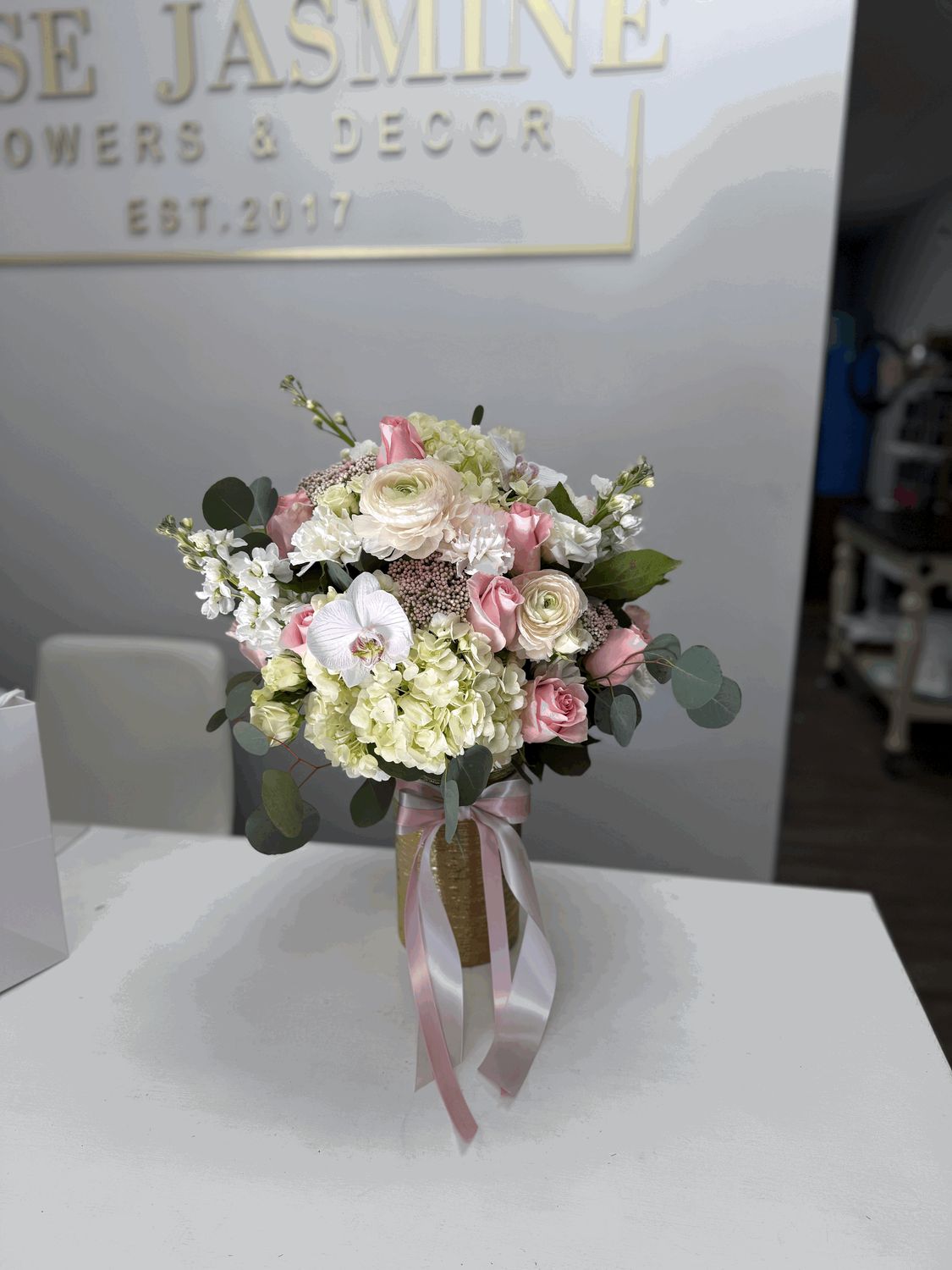 Pink and White mixture In A Gold Vase