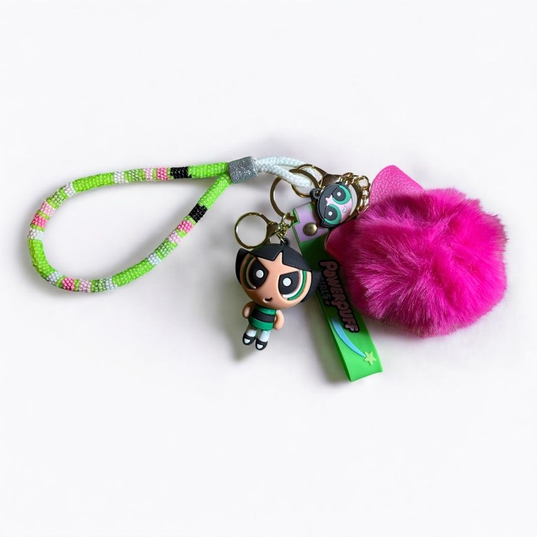 Custom Neon Beaded Wristlet Keychain with Faux Fur Pom | Handmade Bag Charm | Cute Green Puff Girl Accessory