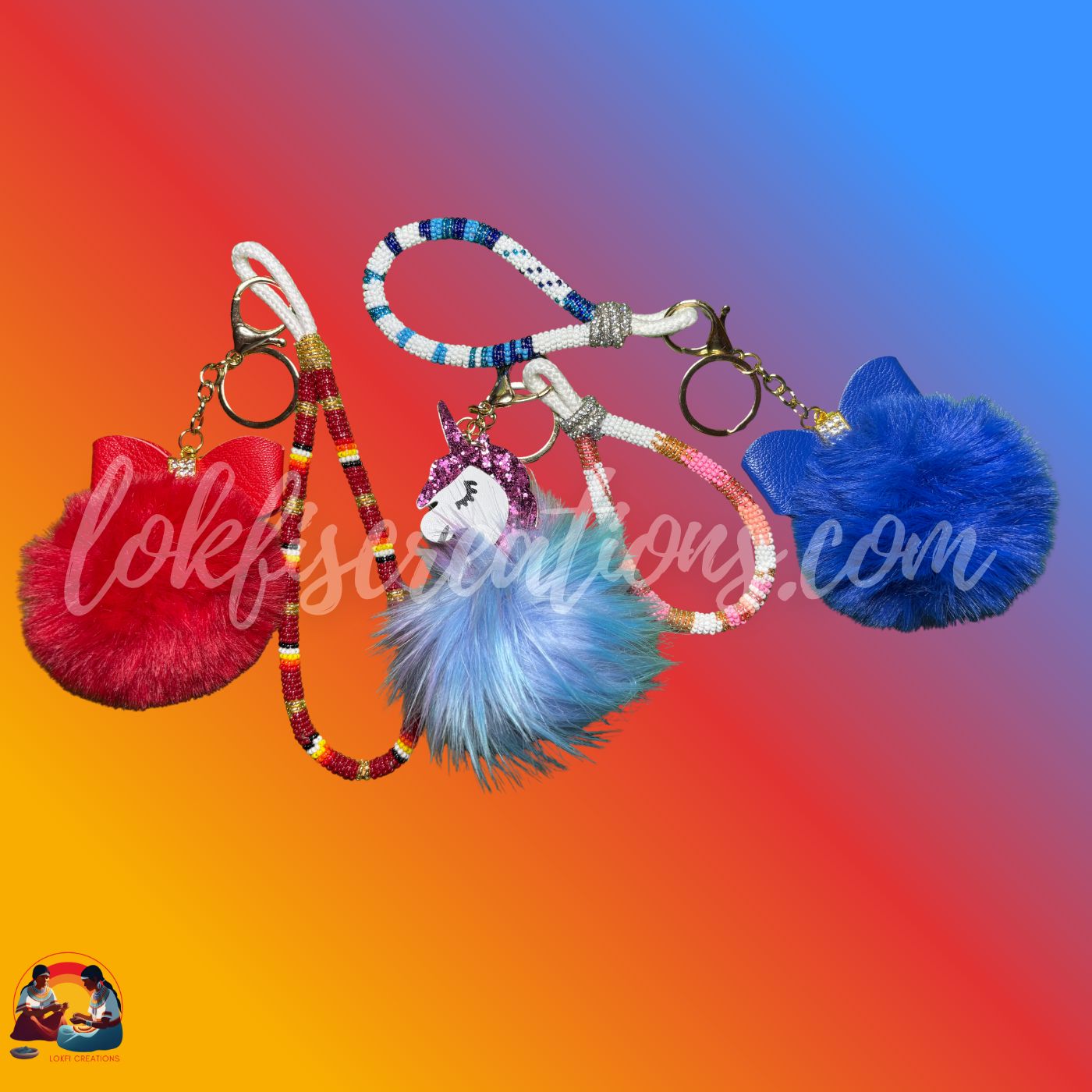 Custom Beaded Keychain Wristlet – Furry Pom-Pom Charm Accessory