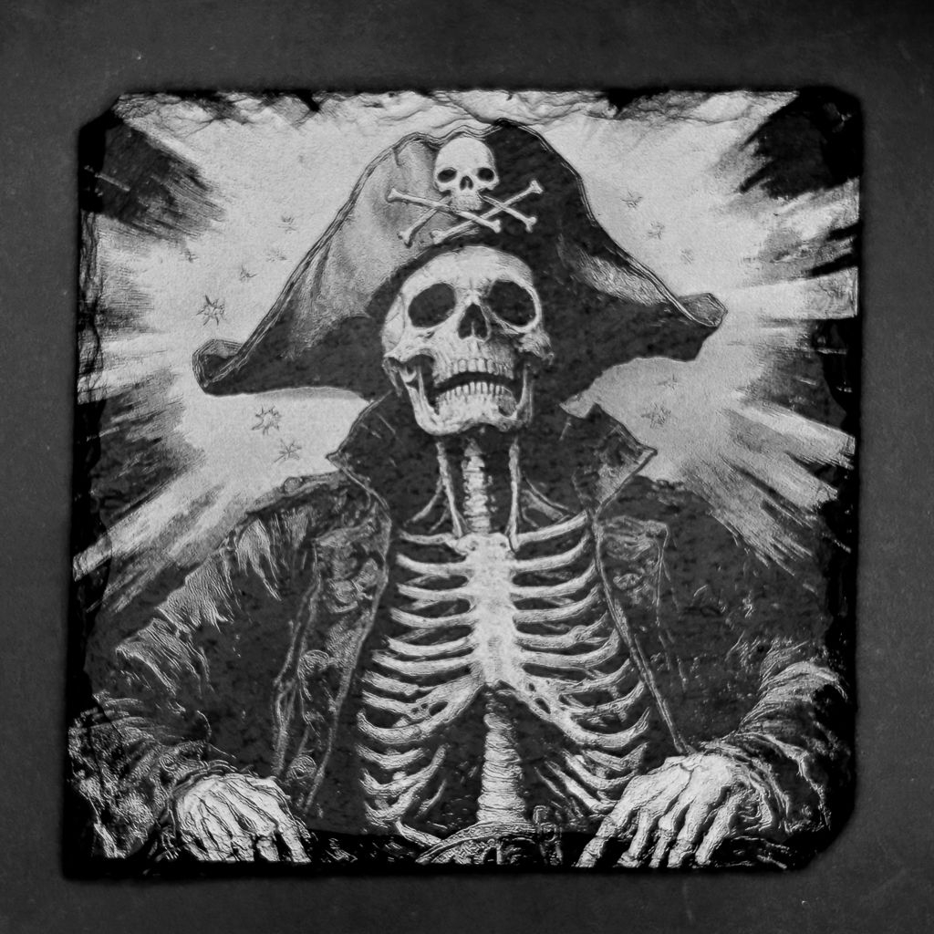 Leistenen onderzetter - Gravure van piratenskelet