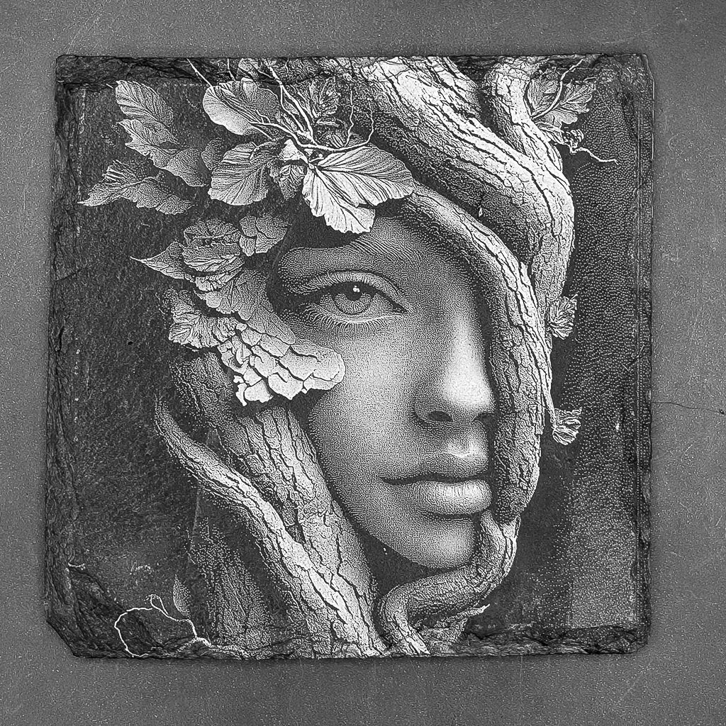 Leistenen onderzetter - Gravure met doordringende blik van elfje