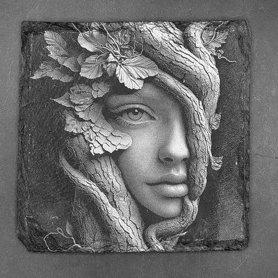 Leistenen onderzetter - Gravure met doordringende blik van elfje