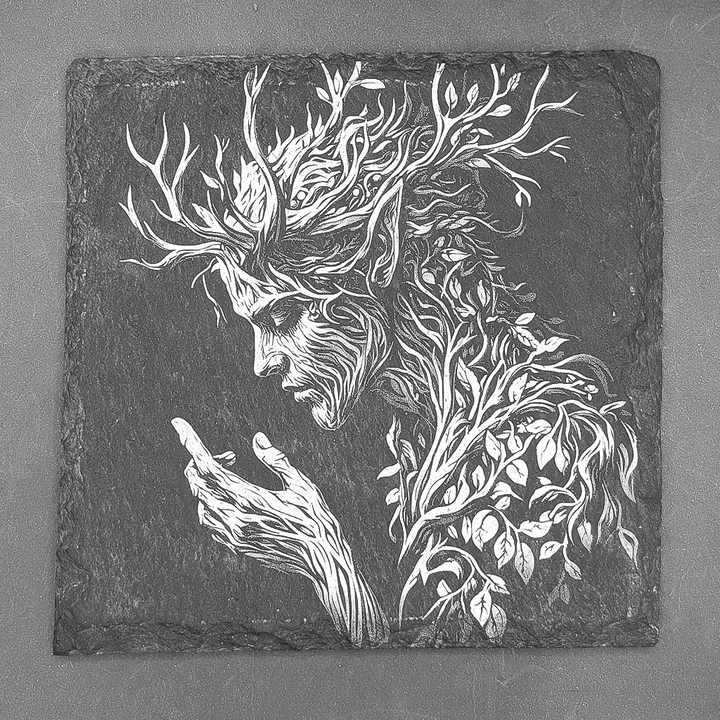 Leistenen onderzetter - Gravure met mythische boom