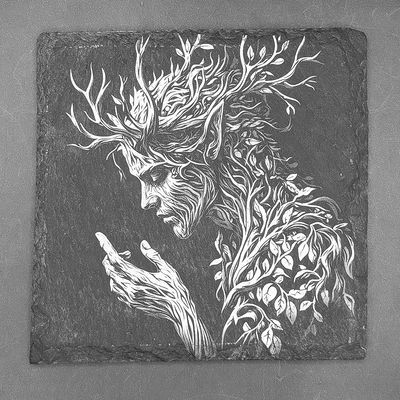 Leistenen onderzetter - Gravure met mythische boom