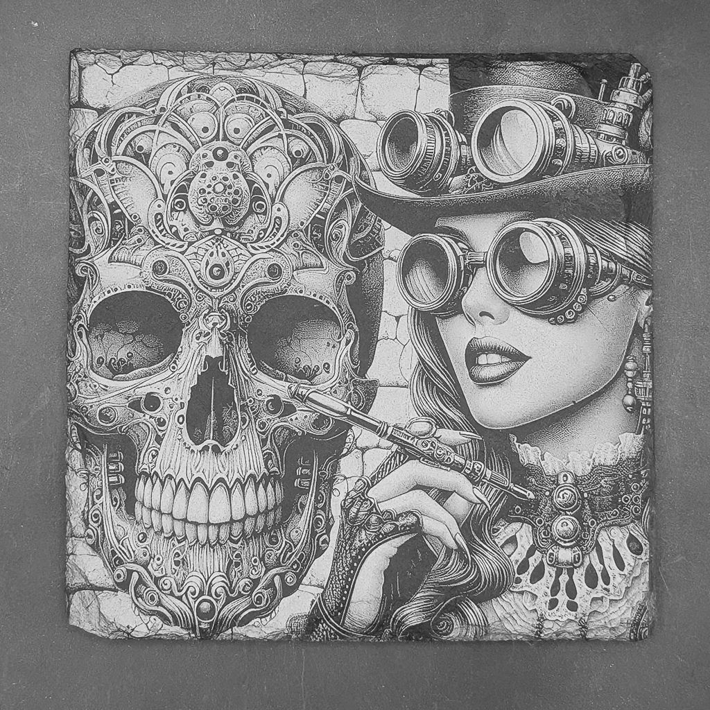 Leistenen onderzetters - Gravure in steampunkstijl