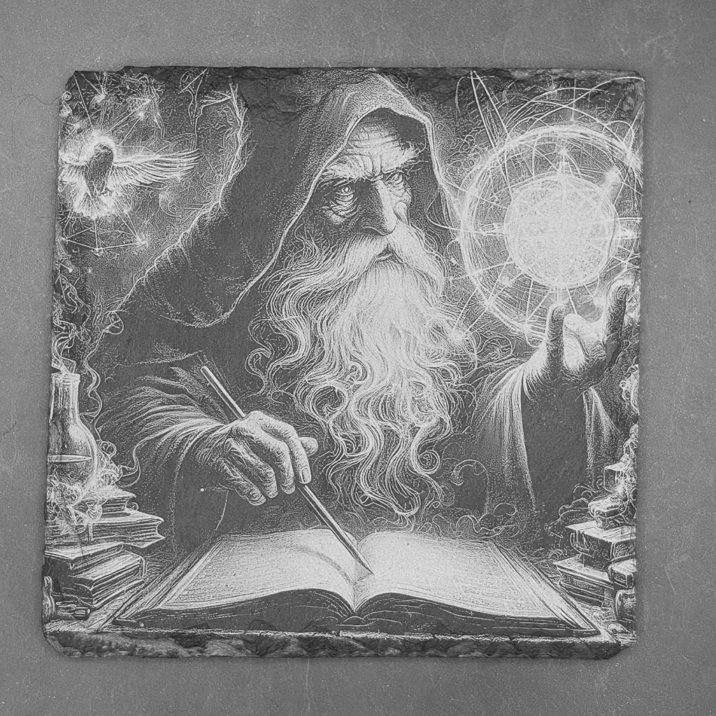 Leistenen onderzetter  - Gravure van tovenaar