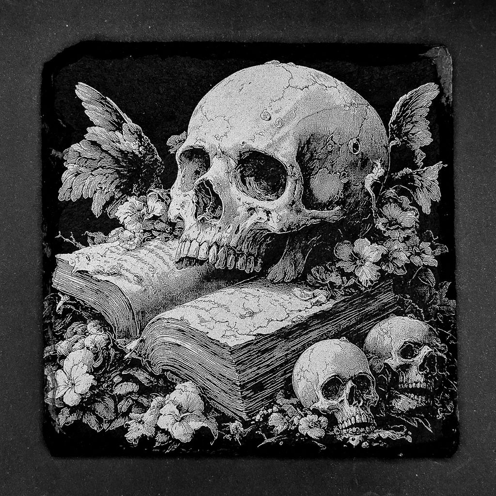 Leistenen onderzetter - Gravure van een bloemig doodshoofd