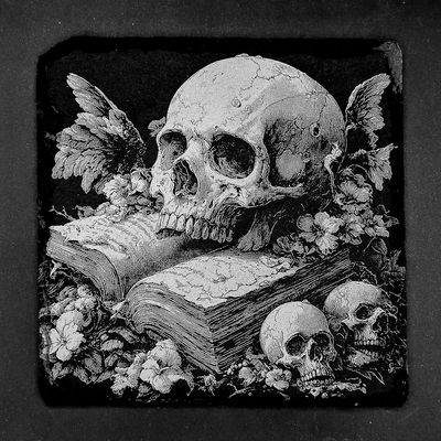 Leistenen onderzetter - Gravure van een bloemig doodshoofd