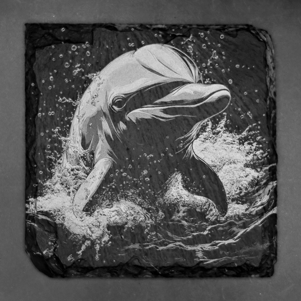 Leistenen onderzetter - Gravure van een dolfijn