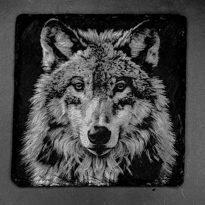 Leistenen onderzetter - Gravure van een wolf