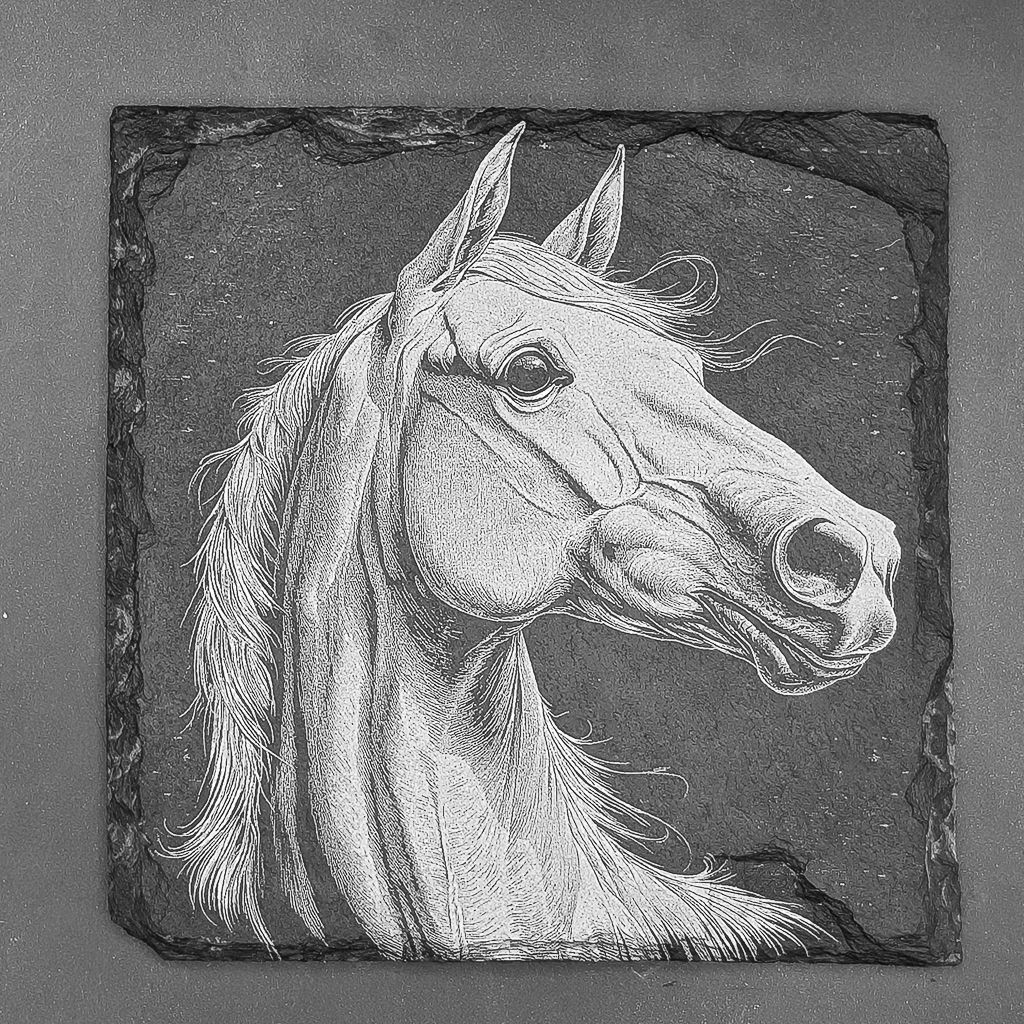 Leistenen onderzetter - Gravure van een paard