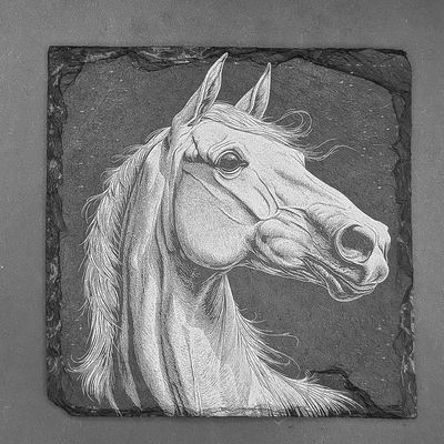 Leistenen onderzetter - Gravure van een paard