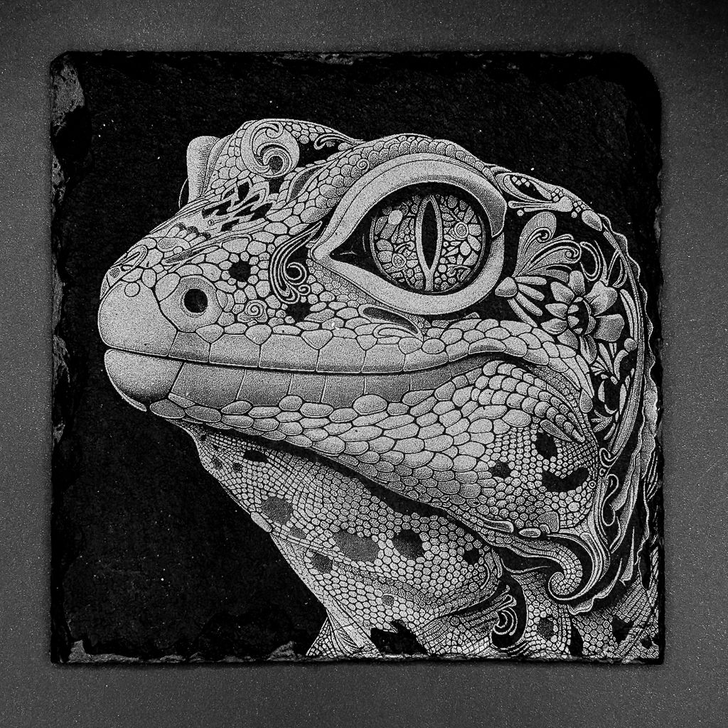 Leistenen onderzetter - Gravure van koudbloedigen