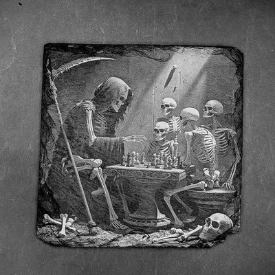 Leistenen onderzetter - Gravure Pietje de dood schaakt