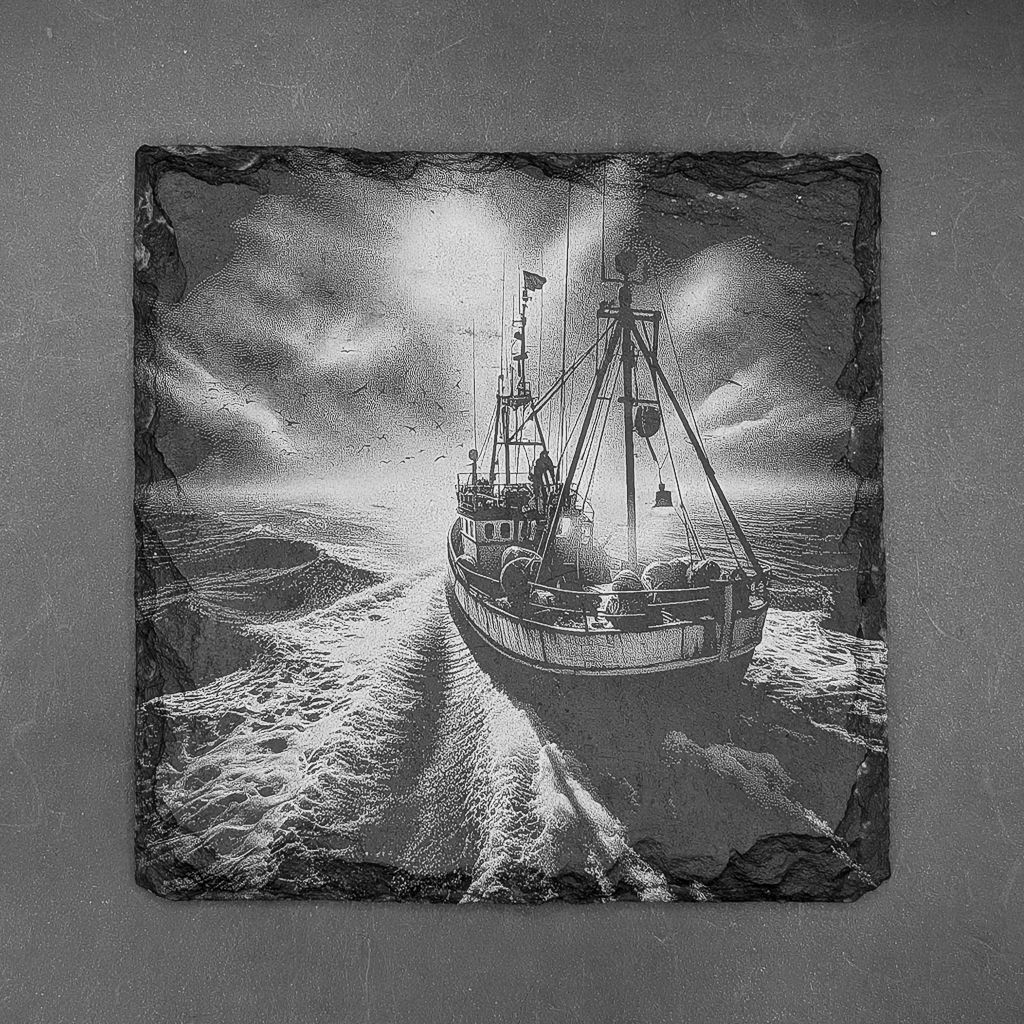 Leistenen onderzetters - Gravure van een vissersboot