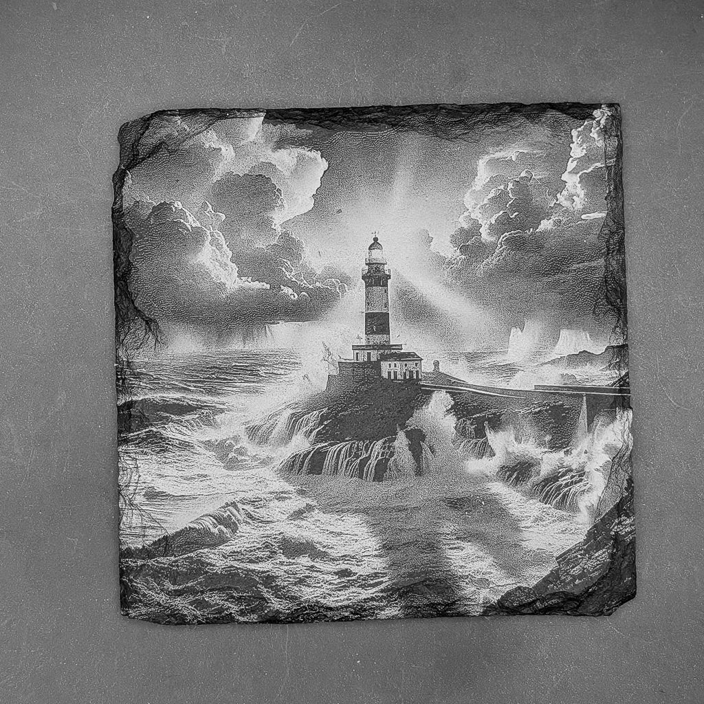 Leistenen onderzetter - Gravure Vuurtoren &amp; Zee