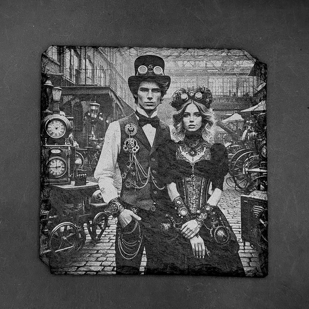 Leistenen onderzetter - Gravure steampunk koppel