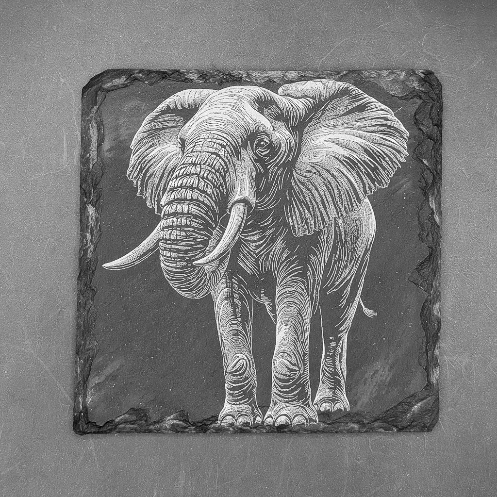 Leistenen onderzetter - Gravure van een olifant