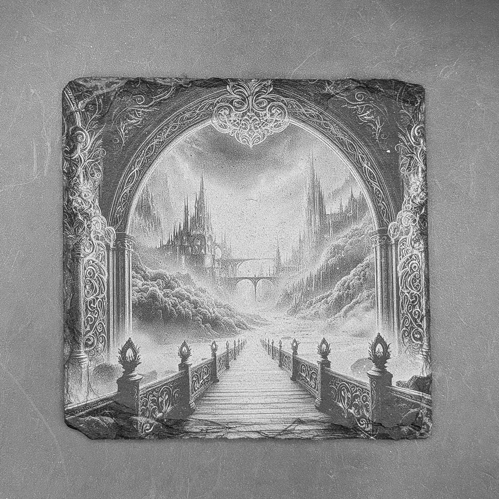Leistenen onderzetter - Gravure Poort naar Walhala