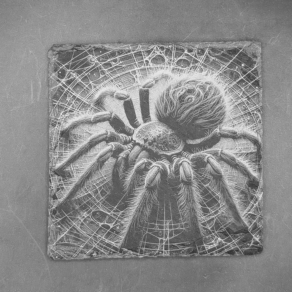 Leistenen onderlegger - Gravure van een spin