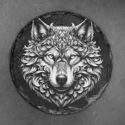 Leistenen onderzetter - Gravure van een wolf