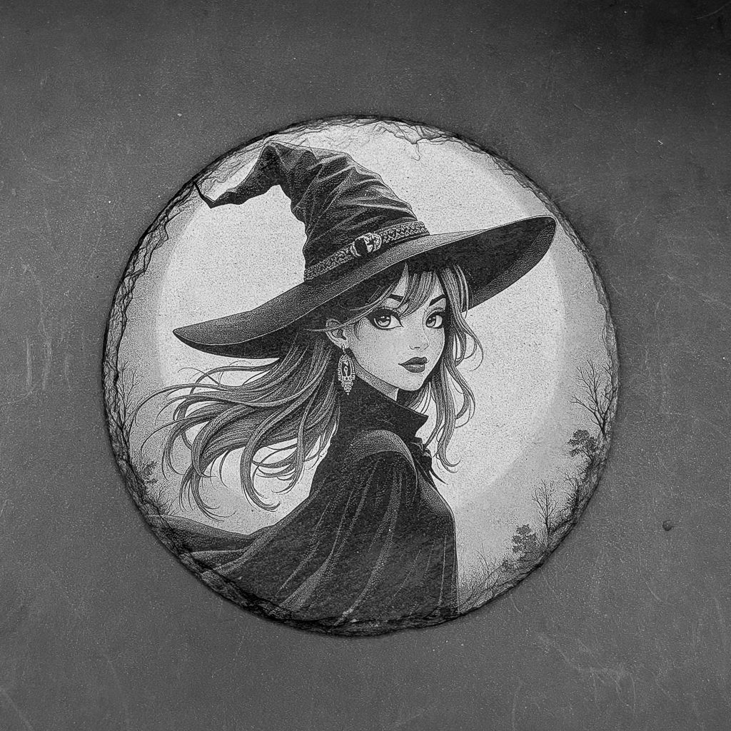 Leistenen onderzetter - Gravure van heks