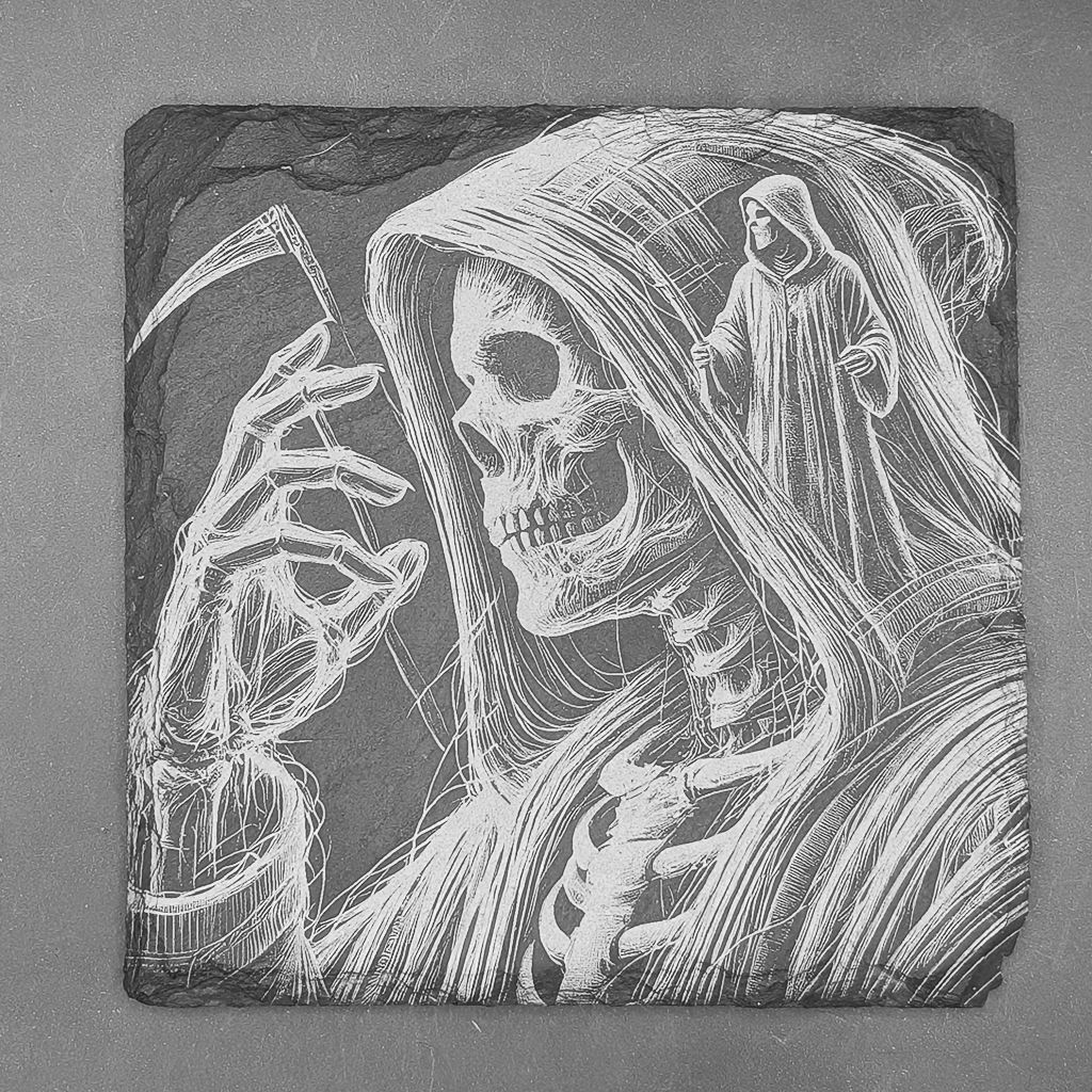 Leistenen onderzetter - Gravure van Pietje de dood 2