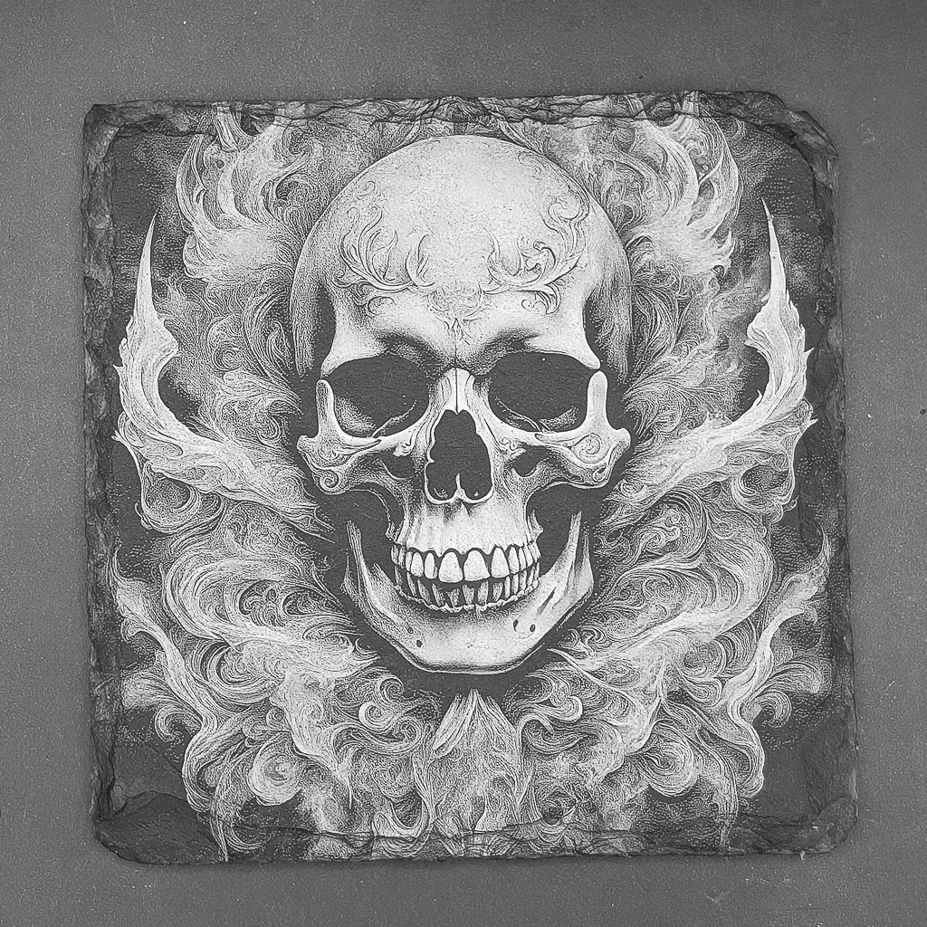 Leistenen onderzetter - Gravure smoke and skulls